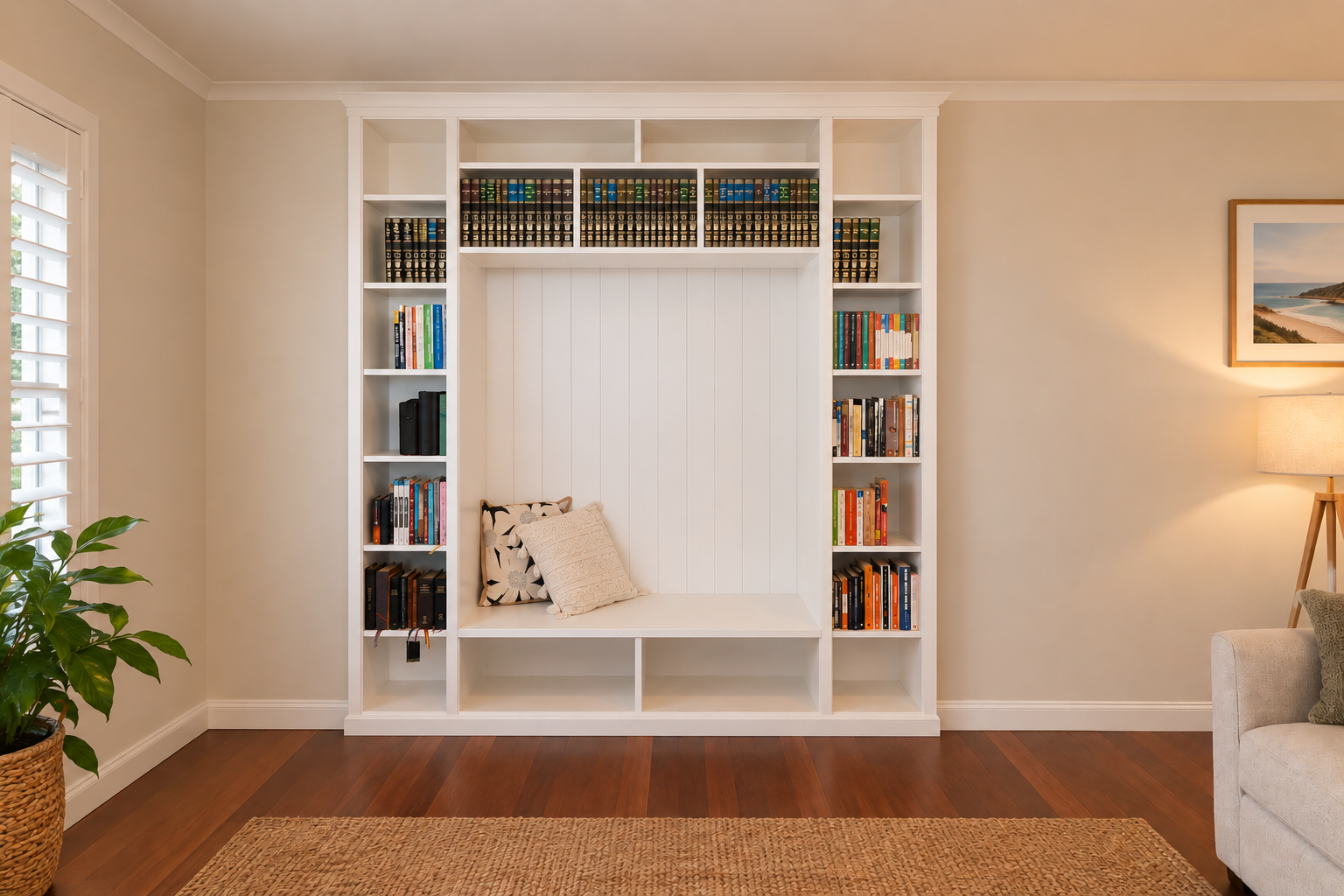 Symmetrical built-in reading nook with bookshelves either side of a cushioned bench seat